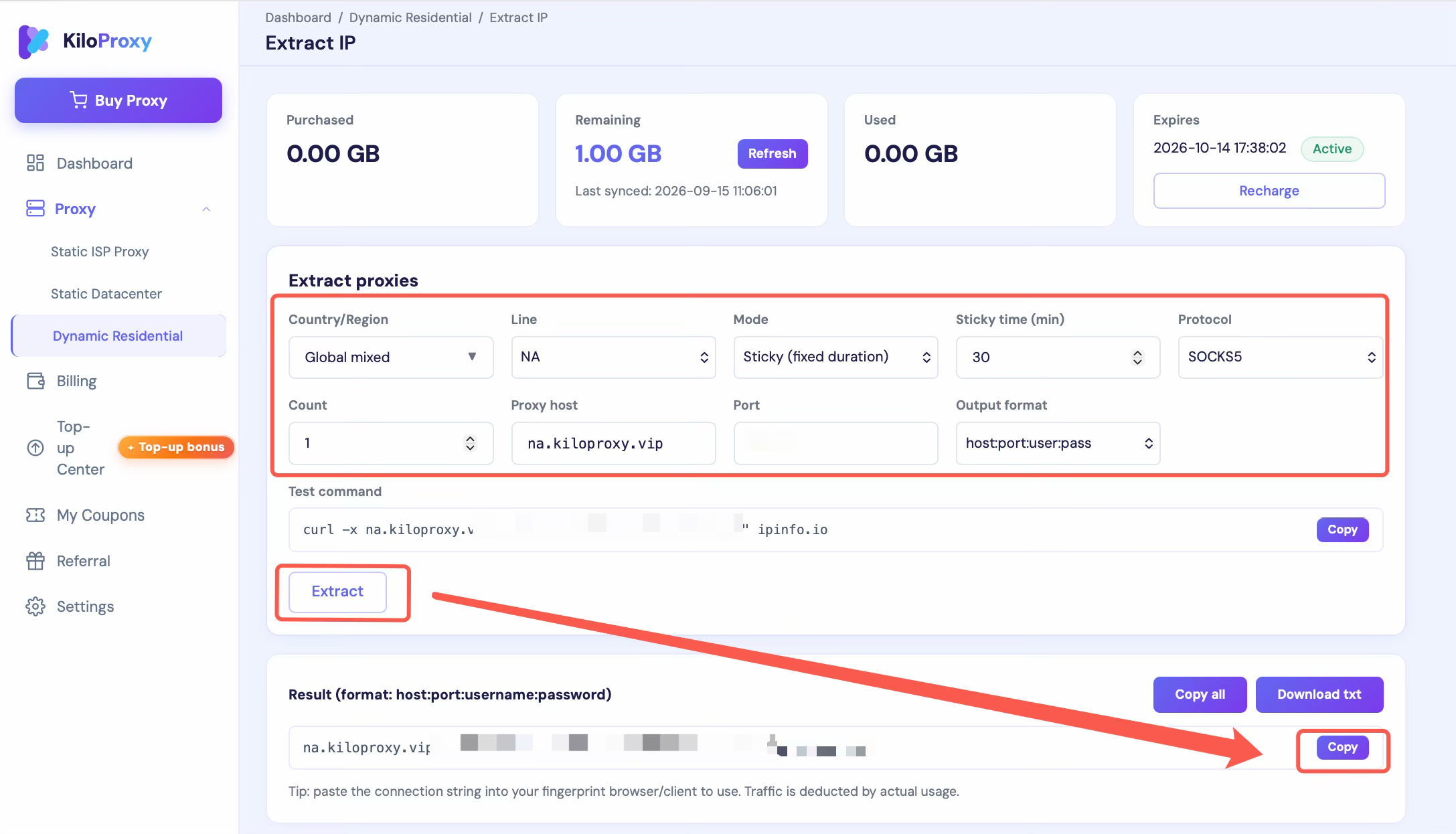 KiloProxy Dynamic Residential Proxy session settings.