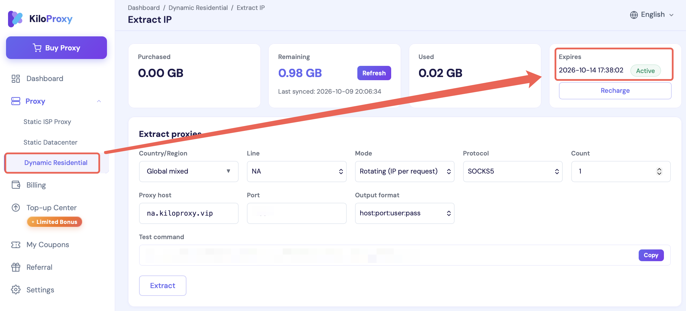 Remaining data and expiry date in the KiloProxy dynamic residential proxy dashboard