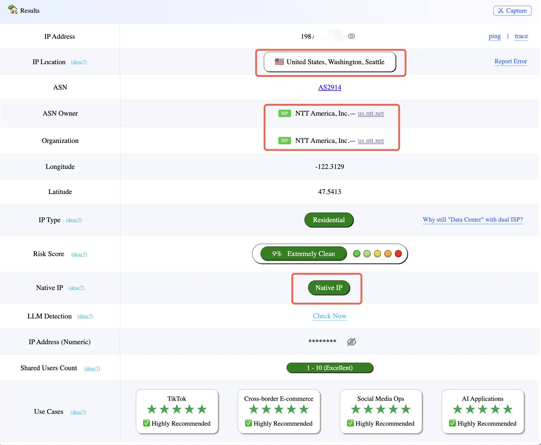 Checking a proxy IP location, network owner, and IP type