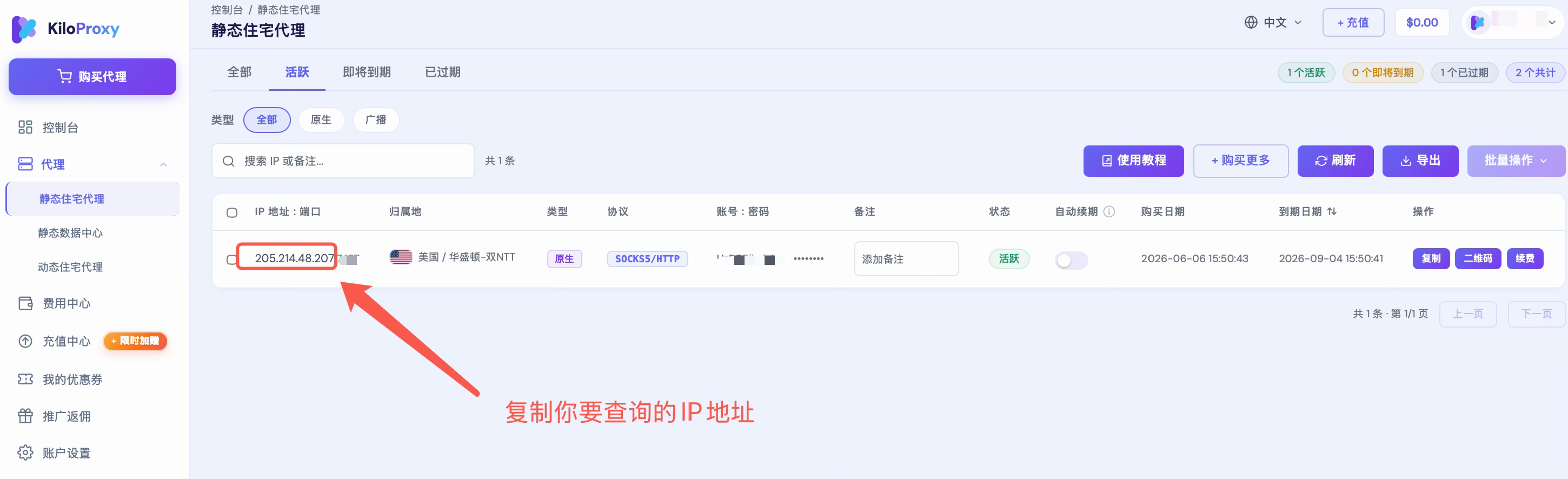 从 KiloProxy 后台复制需要检测的代理 IP 地址