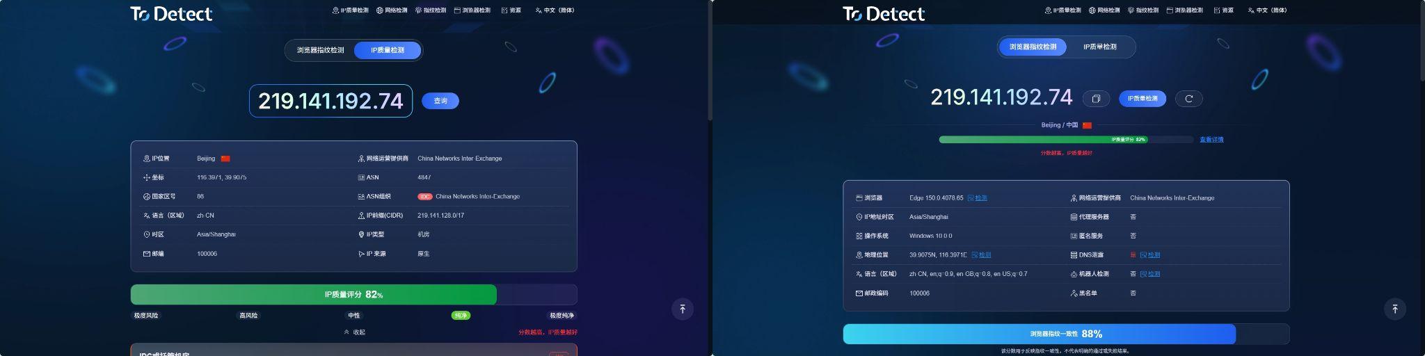 ToDetect 检测结果:IP 质量评分与浏览器指纹一致性